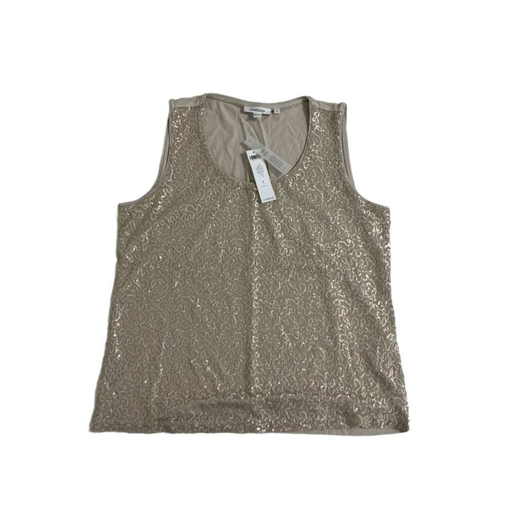 Chico's Allover Sequin Knit Tank Top Size 1 US M Smokey Taupe Sleeveless NWT